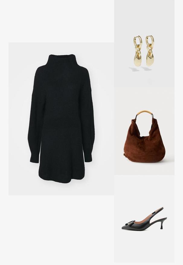 Zwarte gebreide trui met een hoge hals, lange mouwen en een relaxte pasvorm. Textuurstof met een losse silhouet en geen zichtbare patronen.; Zwarte leren slingback kittenheel met spitse neus en decoratieve strik met een klein gouden accent op een effen witte achtergrond.; Bruine suède hobo-tas met een enkele gouden metalen handvat en zachte, slungelige vorm tegen een effen achtergrond.; Gouden creolen met een verbonden ontwerp en een gladde, druppelvormige accent. De reflecterende afwerking vergroot de visuele aantrekkingskracht.