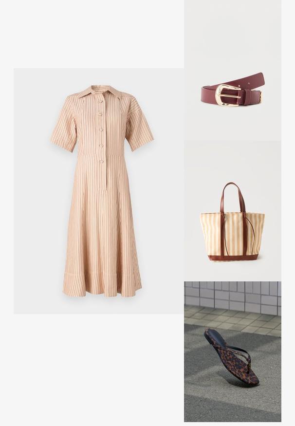 Gestreepte button-up jurk in lichtbeige met rode verticale strepen. Heeft een kraag en korte mouwen, met een uitlopende taille.; Leopardprint flip-flop sandaal met dunne bandjes ligt op een geplaveid oppervlak vlak bij een betegelde muur.; Beige en wit verticaal gestreepte tote bag met bruine leren handvatten en biezen, tegen een effen lichte achtergrond.; Bordeauxrode leren riem met een gouden, afgeronde rechthoekige gesp en bijpassende gouden riemlus op een effen lichte achtergrond.