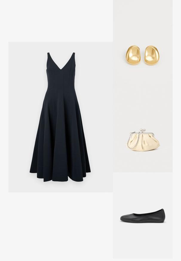 Vestido sin mangas de color azul marino con escote en V, falda acampanada y detalles de costura vertical, con una textura suave y un dobladillo a la altura del tobillo.; Bailarina de piel negra con punta redondeada, textura suave, detalle de costura minimalista y diseño de suela flexible.; Clutch de cuero beige plisado con un marco de metal plateado, que cuenta con dos broches decorativos redondos y una correa de cadena plateada.; Pendientes de studs en color dorado con una forma suave y redondeada y una superficie reflectante, que exhiben un diseño minimalista y sin patrones visibles.