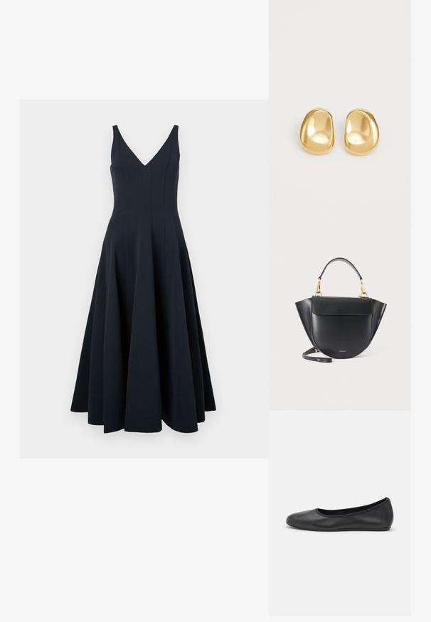 Marineblaue ärmellose Kleid mit V-Ausschnitt, schwingendem Rock und vertikalen Nahtdetails, ausgestattet mit einer glatten Textur und einem knöchellangen Saum.; Schwarze Leder-Ballettschuhe mit abgerundeter Spitze, glatter Textur, minimalen Nähdetails und einem flexiblen Sohlen-Design.; Schwarze Ledertasche mit abgerundetem Boden, seitlichen Flügeln, goldfarbenen Beschlägen, kurzem Griff und abnehmbarem Langriemen auf schlichtem hellem Hintergrund.; Goldfarbene Ohrstecker mit einer glatten, runden Form und einer reflektierenden Oberfläche, die ein minimalistisches Design ohne sichtbare Muster zeigen.