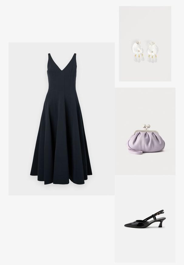 Marineblauw mouwloos jurkje met een V-hals, uitlopende rok en verticale naaddetails, met een zachte textuur en een enkellange zoom.; Zwarte lakleren slingback kitten heel schoen met spitse neus en verstelbare gouden gespsluiting op een witte achtergrond.; Zachte lavendelkleurige clutch met geplooide stof, zilveren kiss-lock sluiting en bijpassend polsbandje op een effen lichte achtergrond.; Duidelijke hars oorbellen in schelpvorm met kleine gouden accenten en drie hangende doorschijnende druppelvormige bedels aan elk oorbel.