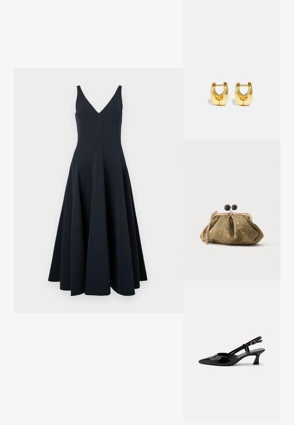 Robe sans manches bleu marine avec un décolleté en V, une jupe évasée et des coutures verticales, présentant une texture lisse et une longueur jusqu'aux chevilles.; Chaussure slingback en cuir verni noir à petit talon, bout pointu et bride réglable avec boucle dorée sur fond blanc.; Petite pochette avec motif géométrique doré et noir, cadre en métal doré, fermeture à boule noire et une courte chaîne dorée.; Boucles d'oreilles en or avec un design élégant et arrondi. Présentent un centre creux et une surface brillante, complétant les styles modernes.