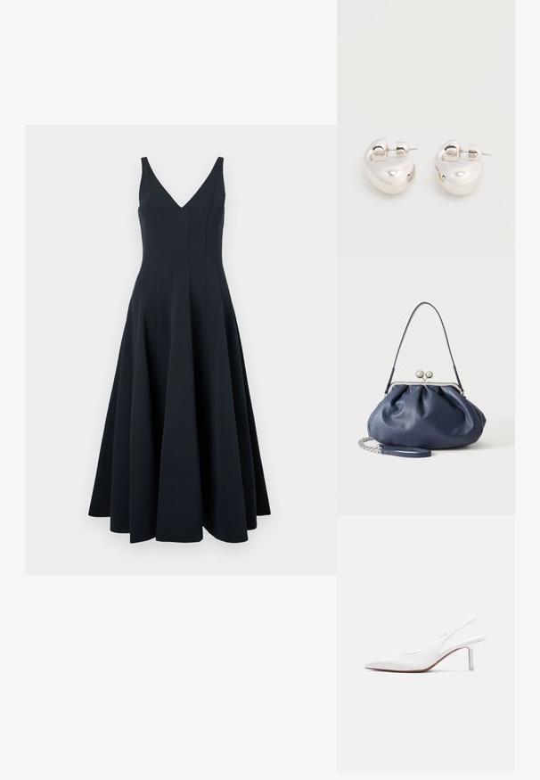 Marineblauw mouwloos jurkje met een V-hals, uitlopende rok en verticale naaddetails, met een zachte textuur en een enkellange zoom.; Witte leren slingback damesschoen met spitse neus, lage kittenhak en een kleine decoratieve strik bovenop, zijaanzicht.; Zachte navyblauwe leren handtas met zilveren sluiting, enkele schouderband en afneembare ketting polsband op witte achtergrond.; Een paar glanzende zilveren dikke creolen met post-sluitingen op een effen witte achtergrond.