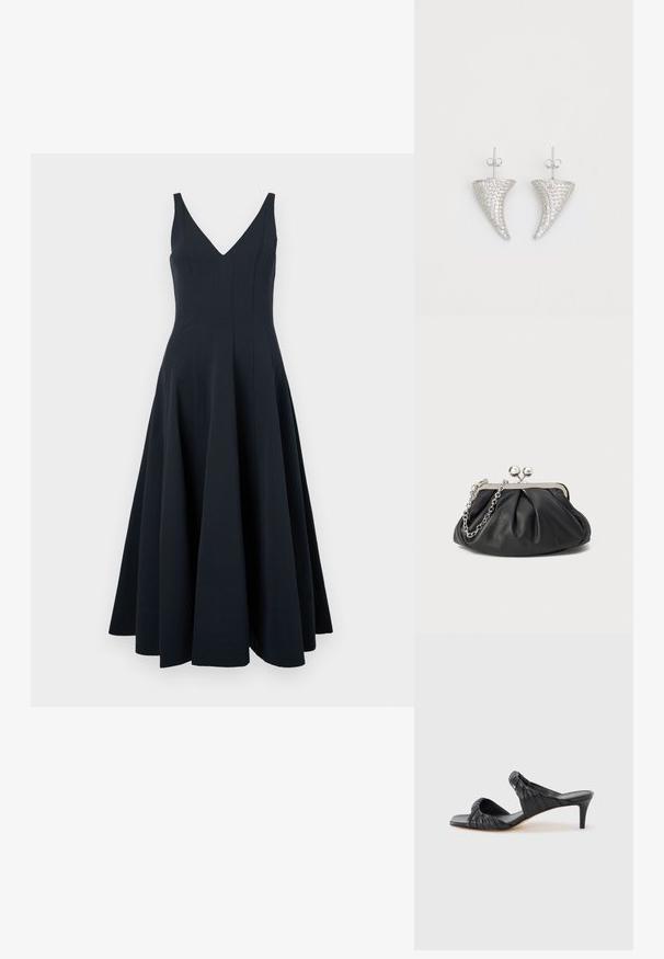 Marineblaue ärmellose Kleid mit V-Ausschnitt, schwingendem Rock und vertikalen Nahtdetails, ausgestattet mit einer glatten Textur und einem knöchellangen Saum.; Schwarze Sandalen mit Absatz und eckiger Spitze aus glattem Leder. Verfügen über geraffte Riemen und einen schlanken Absatz für zusätzlichen Auftrieb.; Schwarze Leder-Clutch mit geraffter Textur, silberfarbener Metallrahmen, Druckverschluss und Kettenriemen. Glatte, weiche Oberfläche.; Silberne, hornförmige Ohrringe, besetzt mit kleinen klaren Steinen, mit einem Steckverschluss zur Befestigung. Glatte Textur und metallisches Finish.