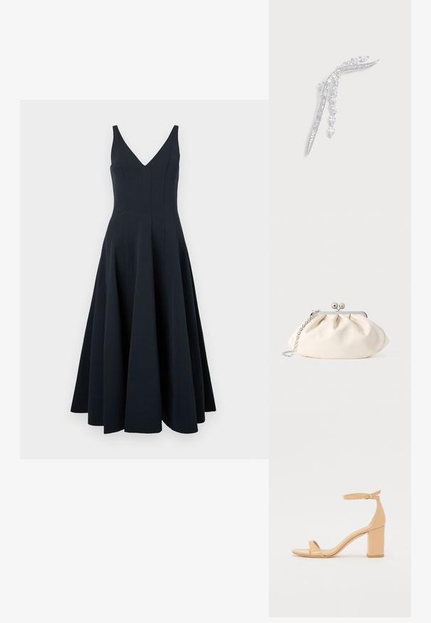 Vestido sin mangas de color azul marino con escote en V, falda acampanada y detalles de costura vertical, con una textura suave y un dobladillo a la altura del tobillo.; Sandalias de tacón de charol nude con punta cuadrada, correa de tobillo y un tacón ancho. Textura suave y detalles de diseño minimalistas.; Bolso de mano de tela color crema con diseño fruncido, marco metálico plateado, dos bolas decorativas y correa de cadena plateada.; Ear cuff decorativo de plata con dos filas curvas de gemas transparentes facetadas dispuestas en formas alargadas y afiladas.