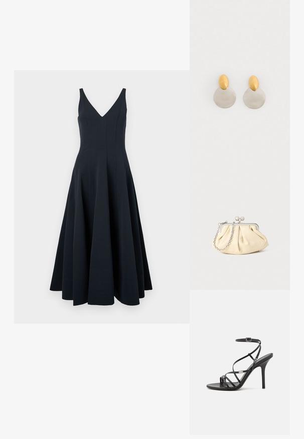 Vestido sin mangas de color azul marino con escote en V, falda acampanada y detalles de costura vertical, con una textura suave y un dobladillo a la altura del tobillo.; Sándalo negro de tacón alto con tiras finas, hebilla en el tobillo, superficie de cuero suave y tacón de aguja esbelto.; Clutch de cuero beige plisado con un marco de metal plateado, que cuenta con dos broches decorativos redondos y una correa de cadena plateada.; Pendientes de metal dorado y plateado con base de disco redondo y pieza superior ovalada, textura suave y acabado pulido.