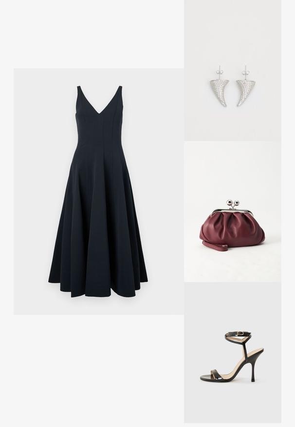 Vestido sin mangas de color azul marino con escote en V, falda acampanada y detalles de costura vertical, con una textura suave y un dobladillo a la altura del tobillo.; Sandalia de tacón alto de charol negro con tira delgada en el tobillo y hebilla, punta abierta y tacón aguja esbelto sobre fondo blanco.; Pequeño bolso de mano de cuero burdeos con cierre metálico plateado y correa de muñeca sobre un fondo blanco.; Pendientes en forma de cuerno plateado, engastados con pequeñas piedras transparentes, que cuentan con un cierre trasero para su sujeción. Textura suave y acabado metálico.