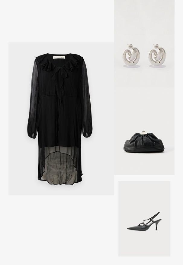 Zwarte chiffon jurk met een gerimpelde halslijn, lange mouwen en een hoge-laag zoom. Bevat een strik bij de hals en een vloeiende, doorschijnende textuur.; Zwarte leren slingback hoge hak met spits toelopende neus, dunne gekruiste bandjes en een kleine metalen gesp op een bandje.; Zwarte leren clutch met een geplooide textuur, metalen sluiting en een subtiel geperst logo aan de voorkant. Afgeronde vorm.; Zilveren metalen oorbellen met een gedraaide ontwerp, met gladde oppervlakken en een gepolijste afwerking, beveiligd met een vlindersluiting.