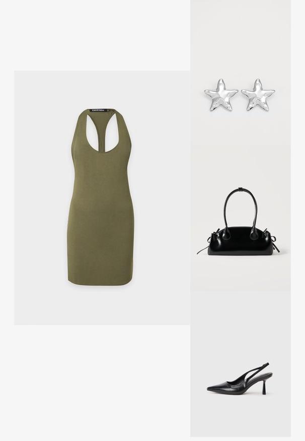 Φόρεμα bodycon χωρίς μανίκια σε ελιά πράσινο χρώμα με σχεδιασμό racerback, στρογγυλή λαιμόκοψη και μικρή ετικέτα μάρκας στο εσωτερικό του πίσω γιακά.; Μαύρο δερμάτινο παπούτσι με λουράκι και ψηλό τακούνι, με μυτερή μύτη και λεπτό τακούνι σε λευκό φόντο.; Μικρή μαύρη γυαλιστερή τσάντα με δύο μακριές λαβές και λεπτομέρειες με ρυθμιζόμενο κορδόνι στο πλάι σε απλό ανοιχτό φόντο.; Ασημένια σκουλαρίκια σε σχήμα αστεριού με γυαλιστερή, λουστραρισμένη επιφάνεια. Κάθε σκουλαρίκι διαθέτει πέντε ακτίνες και λεπτές υφασματικές λεπτομέρειες στην επιφάνεια.