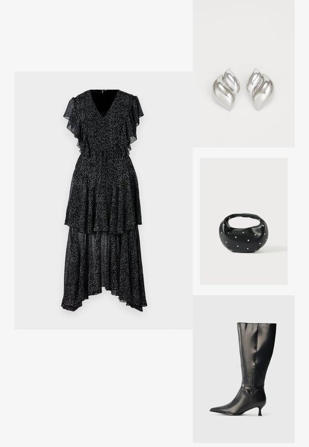 Robe noire avec des manches à volants superposés et un col en V. Présente un motif à pois, un ourlet asymétrique, et une taille cintrée. Tissu léger.; Botte en cuir noire montant jusqu'au genou, avec un bout pointu et un petit talon bas, présentée sur un fond clair uni.; Sac à main en cuir noir de forme arrondie, décoré de clous argentés et équipé d'une poignée courte. Texture lisse et fermeture éclair.; Boucles d'oreilles en argent avec une forme organique et abstraite. Surface lisse et brillante avec un design effilé. Présente des courbes subtiles et un détail central en ligne.