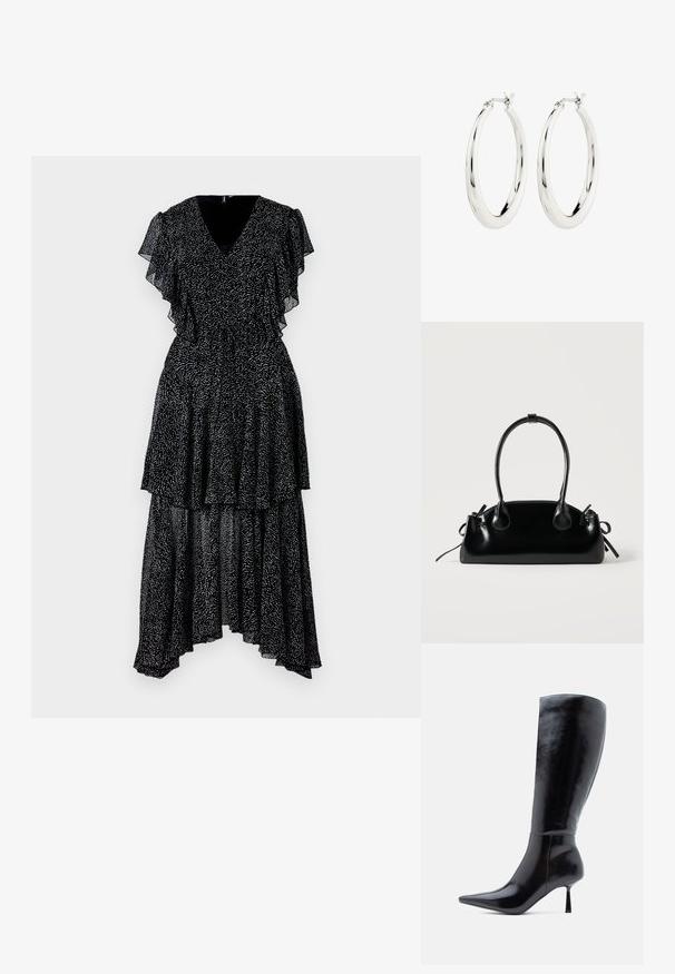 Robe noire avec des manches à volants superposés et un col en V. Présente un motif à pois, un ourlet asymétrique, et une taille cintrée. Tissu léger.; Bottes noires à talons aiguilles montantes, avec une finition en cuir brillant, un bout pointu et un talon effilé, présentant une surface lisse et un design élégant.; Petit sac à main noir brillant avec deux longues anses et des détails à cordon sur les côtés sur un fond clair uni.; Boucles d'oreilles créoles en argent avec une finition lisse et brillante. Forme circulaire, dotée d'un fermoir sécurisé. Design simple et élégant.