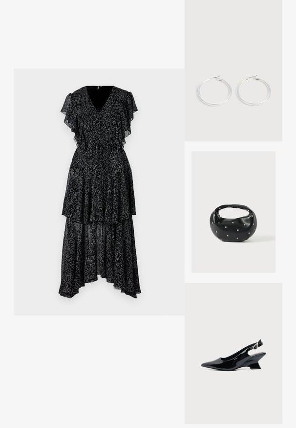 Robe noire avec des manches à volants superposés et un col en V. Présente un motif à pois, un ourlet asymétrique, et une taille cintrée. Tissu léger.; Chaussure slingback en cuir verni noir avec bout pointu et petit talon bloc incliné sur fond clair uni.; Sac à main en cuir noir de forme arrondie, décoré de clous argentés et équipé d'une poignée courte. Texture lisse et fermeture éclair.; Paire de boucles d'oreilles créoles argentées brillantes avec fermoirs en fil fin, présentée sur un fond gris clair.