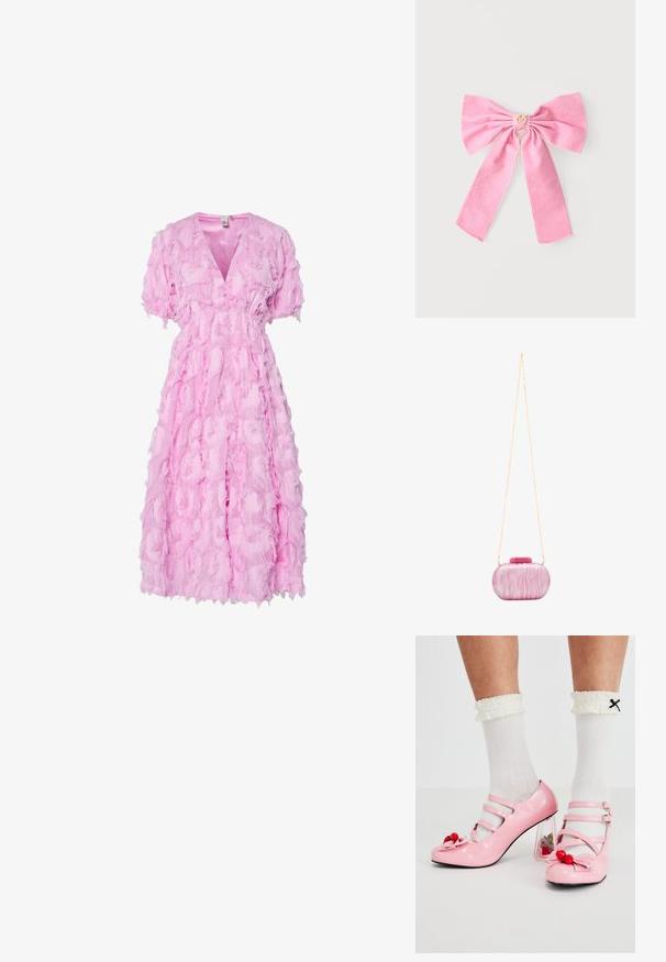 Rotes Kleid mit V-Ausschnitt, kurzen Puffärmeln und einem gestuften Design mit strukturiertem, gerafftem Stoff über die gesamte Länge.; Rosa Lacklederabsätze mit abgerundetem Zeh, drei Riemen und Kirschverzierungen. Transparenter Blockabsatz mit floralen Akzenten. Weiße gerippte Socken.; Rosa marmorierte Acryl-Handtasche mit runder Form, goldener Kettenriemen und abgerundetem Verschluss. Glatte Textur mit wirbelnden Mustern.; Rosa Stoffschleife mit zwei langen Enden und einem kleinen goldenen Kronenanhänger in der Mitte, auf einem schlichten hellen Hintergrund präsentiert.