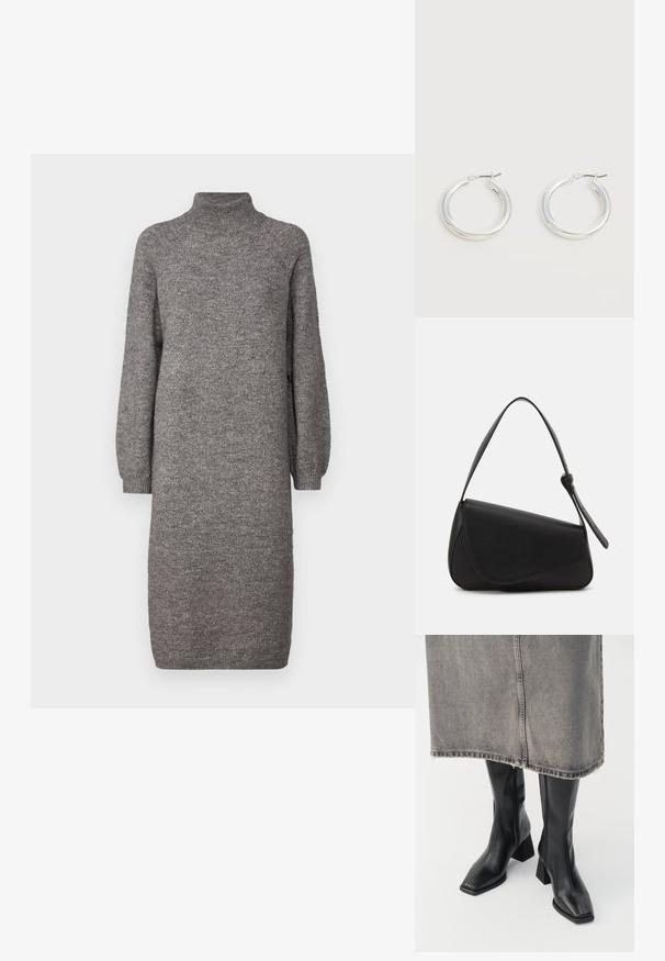 Robe en tricot grise avec un col montant, des manches longues amples et une coupe droite. Fabriquée dans un tissu doux et texturé, arrivant au mi-mollet.; Bottes noires montantes en cuir lisse avec un bout carré et un talon bloc. Portées avec une jupe en denim grise à l'ourlet effiloché.; Sac à main en cuir noir de forme triangulaire, avec un rabat incliné et une poignée supérieure arrondie. Il présente une texture lisse et des détails de design minimalistes.; Paire de boucles d'oreilles créoles moyennes argentées brillantes avec de fines attaches métalliques sur un fond clair et neutre.