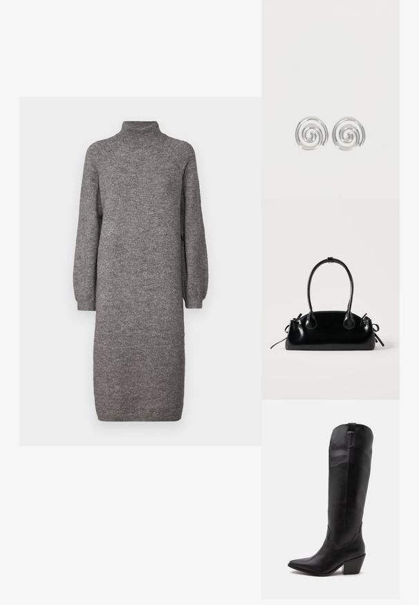 Robe en tricot grise avec un col montant, des manches longues amples et une coupe droite. Fabriquée dans un tissu doux et texturé, arrivant au mi-mollet.; Botte de cowboy haute en cuir noir avec un bout pointu, un talon bas et des coutures minimales, présentée de côté sur fond blanc.; Petit sac à main noir brillant avec deux longues anses et des détails à cordon sur les côtés sur un fond clair uni.; Paire de boucles d'oreilles en forme d'anneau spirale en argent avec un design lisse et arrondi sur fond blanc uni.