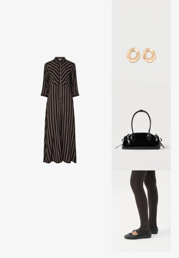 Vestido largo abotonado con rayas verticales en negro y marrón, que presenta un cuello y mangas tres cuartos. Fabricado con tejido ligero.; Piernas con leggings oscuros acanalados combinados con bailarinas negras que presentan pequeños detalles de lazo sobre un fondo blanco.; Pequeño bolso negro brillante con dos asas largas y detalles de cordón lateral sobre un fondo claro liso.; Par de pendientes de aro de metal en tono dorado pulido, de forma irregular y con centro abierto, sobre un fondo blanco liso.