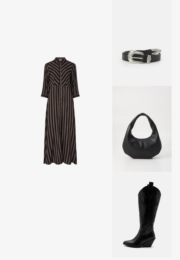 Vestido largo abotonado con rayas verticales en negro y marrón, que presenta un cuello y mangas tres cuartos. Fabricado con tejido ligero.; Bota de vaquero de cuero negro con punta puntiaguda, tacón bloqueado inclinado, costuras decorativas y lengüetas en la parte superior sobre fondo blanco.; Bolso de mano tejido en negro con un asa curvada, que presenta una superficie texturizada y una forma holgada. Acabado suave con una silueta orgánica.; Cinturón de cuero negro con una gran hebilla de metal plata que presenta un detallado intrincado y acentos decorativos en ambos extremos.