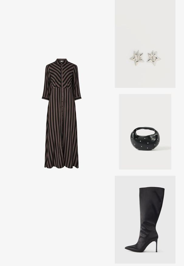 Langärmliges, knopfbestücktes Kleid mit vertikalen schwarzen und braunen Streifen, ausgestattet mit einem Kragen und drei Viertelärmeln. Hergestellt aus leichtem Stoff.; Schwarzer kniehoher Stiletto-Stiefel aus glattem, elegantem Material; spitze Zehe; enganliegend mit subtilen Falten nahe dem Knöchel; glänzender Absatz.; Schwarze Lederhandtasche mit abgerundeter Form, verziert mit silbernen Nietenakzenten und kurzem Griff. Glatte Struktur und Reißverschlussverschluss.; Silberne, sternförmige Creolen mit einer glatten, polierten Oberfläche auf weißem, schlichtem Hintergrund.