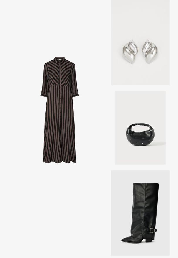 Vestido largo abotonado con rayas verticales en negro y marrón, que presenta un cuello y mangas tres cuartos. Fabricado con tejido ligero.; Botas de cuero negro hasta el tobillo con punta afilada, textura suave y un detalle de hebilla plateada en el lado. Tacón cuadrado grueso.; Bolso de mano de cuero negro con forma redondeada, decorado con detalles de tachuelas plateadas y un asa corta. Textura lisa y cierre con cremallera.; Pendientes de plata con una forma orgánica y abstracta. Superficie lisa y brillante con un diseño cónico. Presentan suaves curvas y un detalle de línea central.