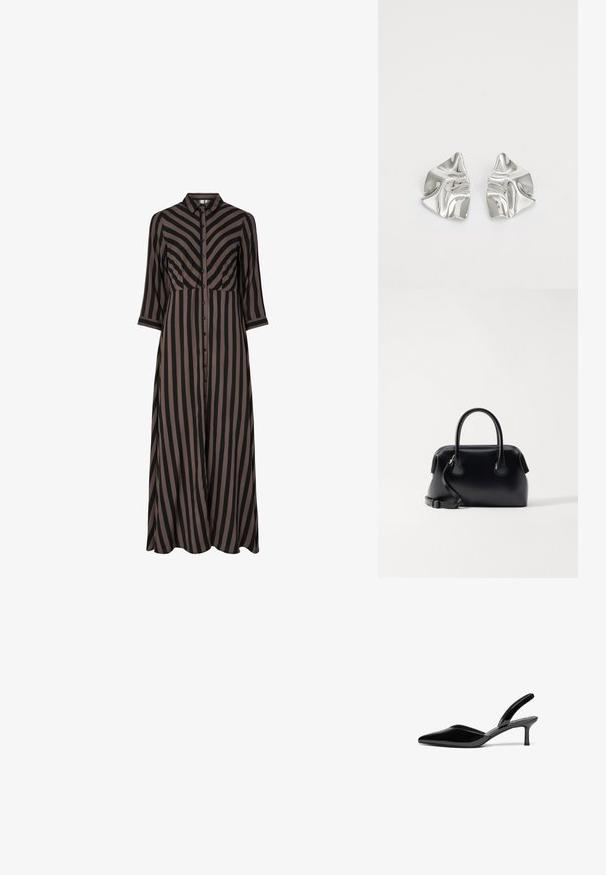 Lang, knap-op kjole med lodrette sorte og brune striber, der har krave og trekvartærmer. Fremstillet af letvægtsstof.; Sorte patentlæder slingback hæle med spids tå, lav stiletto hæl og et elegant, enkelt design uden pynt.; Osoi BOAT BROT - Håndtasker - black; Sølvmetal øreringe med et bølgende, skulpturelt design, der har en poleret overflade og uregelmæssige former, hvilket fremhæver en moderne æstetik.