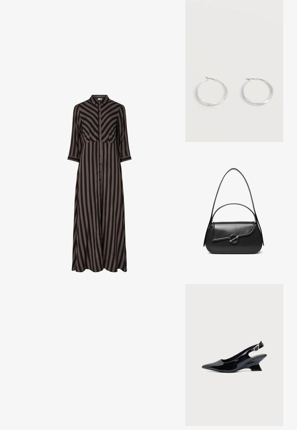 Lang, knap-op kjole med lodrette sorte og brune striber, der har krave og trekvartærmer. Fremstillet af letvægtsstof.; Sort laklæder slingback sko med spids tå og lav vinklet blokhæl på ensartet lys baggrund.; Sort skuldertaske i læder med en buet klap, der er fastgjort med en rund metal spænde, og en slank, justerbar rem.; Sølvfarvede metaloorringe med glat, let buet overflade og låsemekanisme på en ensfarvet hvid baggrund.
