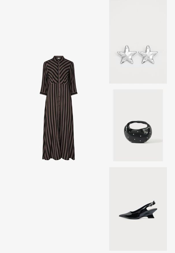 Dlhé šaty na gombíky s vertikálnymi čiernymi a hnedými pruhmi, s golierom a rukávmi po tri štvrtiny. Vyrobené z ľahkého materiálu.; Čierna lakovaná slingback topánka so špicatou špičkou a nízkym šikmým blokovým opätkom na jednoduchom svetlom pozadí.; Čierna kožená kabelka s zaobleným tvarom, zdobená striebornými cvočkami a krátkym rúčkou. Hladká textúra a zapínanie na zips.; Strieborné náušnice v tvare hviezd s lesklým, hladkým povrchom. Každá náušnica má päť hrotov a jemné detaily povrchovej textúry.