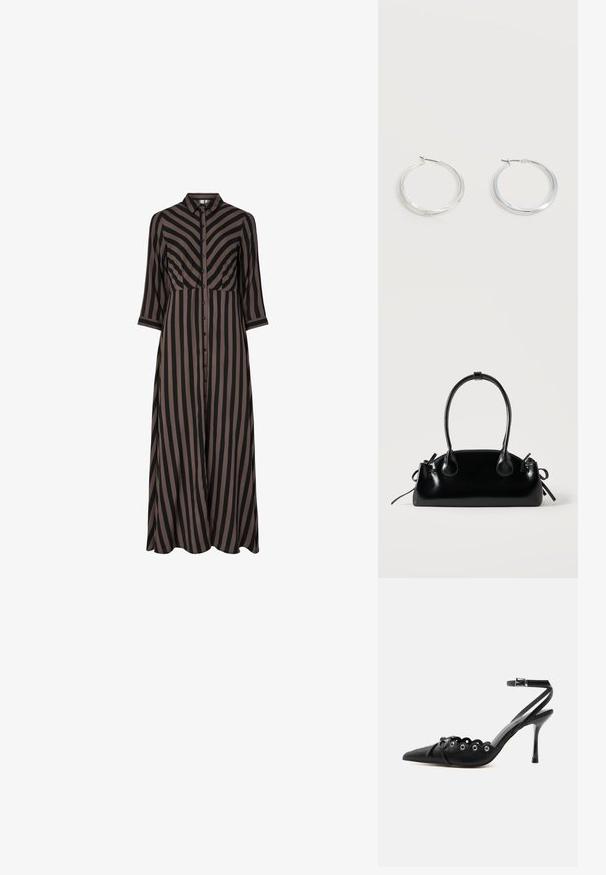 Vestido largo abotonado con rayas verticales en negro y marrón, que presenta un cuello y mangas tres cuartos. Fabricado con tejido ligero.; Zapato de tacón alto negro con punta fina, bordes ondulados, ojales metálicos, cordones delanteros y una correa en el tobillo con cierre de hebilla.; Pequeño bolso negro brillante con dos asas largas y detalles de cordón lateral sobre un fondo claro liso.; Pendientes de aro de metal plateado con superficie lisa y ligeramente curvada y cierre de tipo mosquetón sobre un fondo blanco liso.