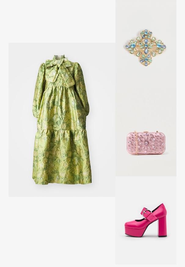 Roheline pika varrukaga kleit, millel on kõrge krae, kihiline kujundus ja tekstuuriga lillemuster. Kaasas suur pael kaeluses.; LAMODA FORGET ME PLATFORM - Kõrge kontsaga kingad - fuchsia; Roosa satiinikott vääriskividega kaunistustega, ristküliku kujuga, kuldse ahelaga ja lukuga. Kotil on lillemuster, mis on kaunistatud sädelevate kividega.; Rikkalik kuldpross, millel on neli lillekuju, mis on valmistatud sinistest, rohelisest ja läbipaistvast lihvitud vääriskivist ning paigutatud sümmeetrilisse mustrisse.