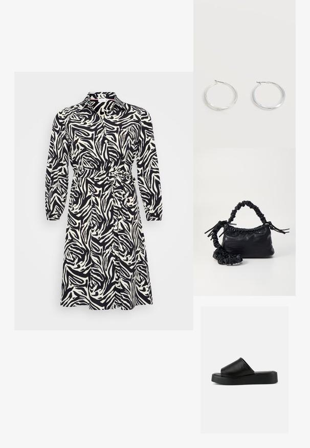 Langärmliges Kleid im schwarz-weißen Zebra-Muster, mit einem kragenförmigen Ausschnitt und einem Taillengürtel. Hergestellt aus einem glatten, leichten Stoff.; Schwarzer Slip-On Plateau-Sandale mit breitem Lederobermaterial und dicker Sohle, seitlich auf grauem Hintergrund gezeigt.; Schwarze Handtasche aus Kunstleder mit Krokodilstruktur, gerafftem oberen Teil und einem geschoppten Tragegurt. Sie wirkt weich und kompakt im Design.; Silberne Metallcreolen mit glatter, leicht gebogener Oberfläche und Klappverschluss vor schlicht weißem Hintergrund.