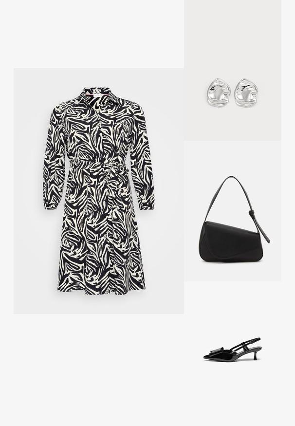 Langärmliges Kleid im schwarz-weißen Zebra-Muster, mit einem kragenförmigen Ausschnitt und einem Taillengürtel. Hergestellt aus einem glatten, leichten Stoff.; Schwarze Lackleder-Slingbacks mit spitzer Zehenpartie, einer Schleifendetail an der Vorderseite und einem kleinen Stiletto-Absatz. Die Riemen haben verstellbare Schnallen.; Schwarze Lederhandtasche mit dreieckiger Form, schrägem Klappdeckel und rundem Oberhandgriff. Verfügt über eine glatte Textur und minimalistische Designdetails.; Silberne, abstrakt geformte Ohrstecker mit polierter Oberfläche, die durch sanfte Kurven und subtile Konturen bestechen. Keine sichtbaren Muster oder Akzente.