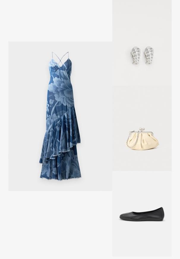 Bla dresses mit einem geschichteten Rüschendesign, Spaghetti-Trägern und einer strukturierten Oberfläche. Verfügt über ein auffälliges Blumenmuster und einen ausgefransten Saum.; Schwarze Leder-Ballettschuhe mit abgerundeter Spitze, glatter Textur, minimalen Nähdetails und einem flexiblen Sohlen-Design.; Faltige beigefarbene Ledertasche mit einem silbernen Metallrahmen, ausgestattet mit zwei runden dekorativen Verschlüssen und einem silbernen Kettenriemen.; Silberne Clip-On-Ohringe mit spiralförmigem Design, das eine glatte metallische Textur und abgerundete Formen aufweist. Keine sichtbaren Verzierungen oder Muster.