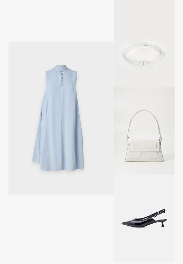 Robe sans manches bleu clair avec un col haut et un détail en forme de clé à l'avant. Confectionnée dans un tissu lisse, elle présente une silhouette fluide et ample.; Escarpin slingback à talon kitten en cuir verni noir avec bout pointu et bride élastique de marque portant l'inscription "KARL LAGERFELD".; Sac à main en cuir blanc avec un design structuré, doté d'un rabat supérieur, d'un logo gaufré et d'une fine bandoulière ornée de quincaillerie en argent.; Bracelet en métal blanc avec une finition lisse, un logo gravé et trois petites pierres claires comme accents. Design fermé.