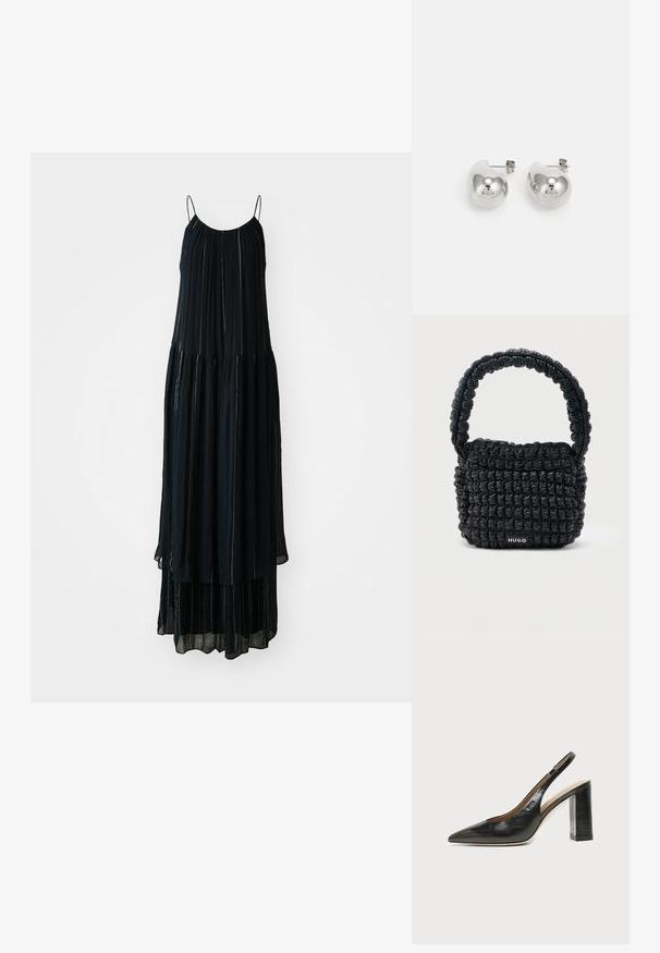 Robe maxi noire avec bretelles fines, design plissé et niveaux superposés. Fabriquée en matériau léger avec des accents de couture verticale subtils.; Chaussure slingback en cuir noir à bout pointu avec un talon bloc haut et une doublure intérieure beige sur un fond clair uni.; Petit sac à main noir matelassé avec une poignée courte rembourrée et une étiquette "HUGO" à l'avant, présenté sur un fond clair uni.; Boucles d'oreilles en argent avec des surfaces rondes et réfléchissantes ; design minimaliste avec une texture lisse et un détail de marque subtil.