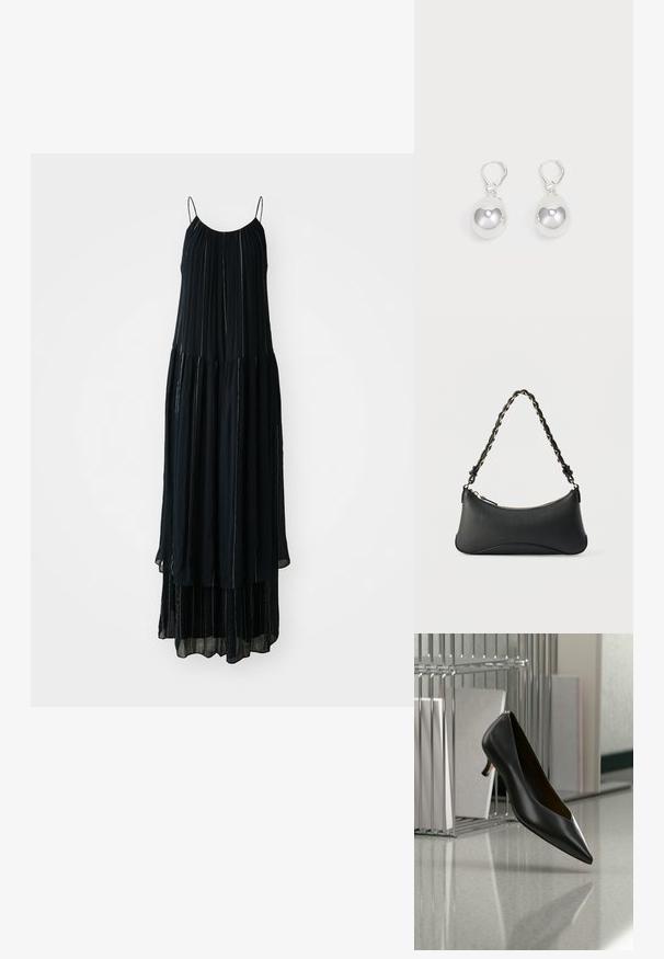 Robe maxi noire avec bretelles fines, design plissé et niveaux superposés. Fabriquée en matériau léger avec des accents de couture verticale subtils.; Chaussure en cuir noir à bout pointu et talon kitten flottant au-dessus d'un sol gris moucheté, à côté d'un organiseur de fichiers en métal contenant des dossiers.; Sac à bandoulière en cuir noir de forme rectangulaire incurvée, avec une chaîne dorée tissée dans la bandoulière noire tressée et une fermeture éclair sur le dessus.; Boucles d'oreilles en argent en forme de goutte avec des surfaces lisses, rondes et réfléchissantes, suspendues à des fermoirs à ressort. L'arrière-plan est blanc uni.