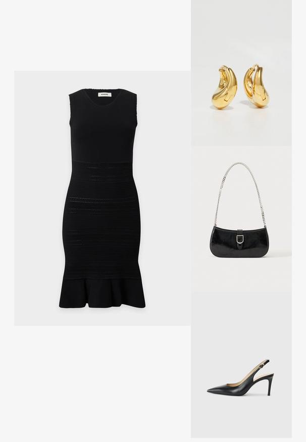 Robe noire sans manches longueur genou avec corsage ajusté, rayures horizontales texturées sur la jupe et détail évasé à l'ourlet.; Escarpins en cuir noir avec une pointe fine, une bride ajustable et un talon aiguille élégant, présentant une finition lisse.; Sac à épaule en cuir verni noir avec détail de boucle argentée et bandoulière en chaîne argentée, présenté sur un fond uni clair.; Boucles d'oreilles en or en forme de d'anneaux lisses et courbés avec une finition polie. Équipées d'un mécanisme de fermeture et de légères indentations pour le détail.