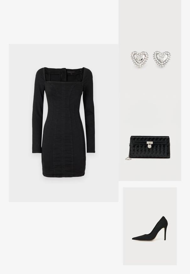 Schwarzes Langarmkleid mit quadratischem Ausschnitt, taillierter Passform und denimähnlicher Textur, mit vertikalen Nähten auf der Vorderseite.; Schwarzer, spitz zulaufender Stiletto-Pump mit dünnem Absatz, seitlich auf weißem Hintergrund fotografiert.; Schwarze Lederhandtasche mit einem strukturierten, gewellten Muster, ausgestattet mit silberfarbener Hardware und einem Kettenriemen. Vordere Reißverschlusstasche mit dekorativem Verschluss.; Silberne herzförmige Steckerohrringe mit klaren Strasssteinen, die ein poliertes Zentrum umgeben, das mit dem Markennamen "GUESS" graviert ist.
