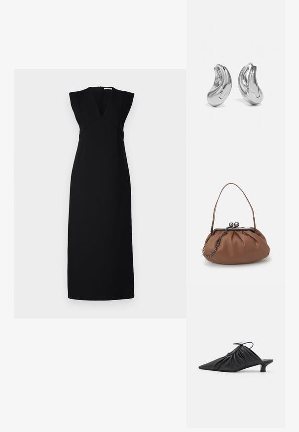 Robe noire sans manches avec un décolleté en V profond, des épaules structurées et une silhouette ajustée. Texture lisse, avec une coupe longue et droite et une fermeture éclair invisible.; Mules noirs en cuir à enfiler avec un bout pointu, une texture froncée et un petit talon aiguille. Présente un détail à cordon au niveau de l'ouverture.; Sac à main en cuir marron avec un design plissé, une courte poignée en cuir et une bandoulière en chaîne. Présente un fermoir en métal argenté avec deux accents ronds.; Boucles d'oreilles en argent en forme de créoles avec une finition incurvée et brillante, et un design sans couture. Équipées d'une fermeture à charnière pour un port sécurisé.