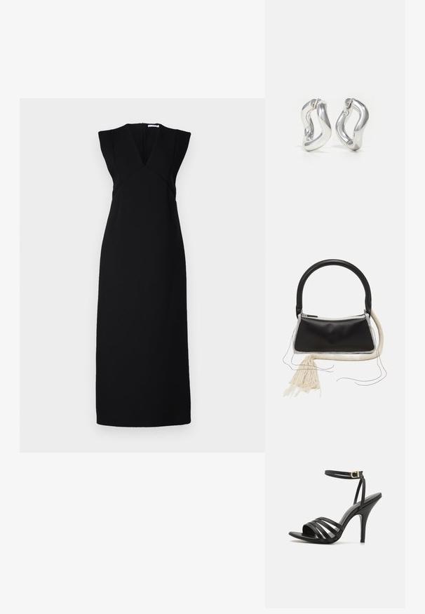 Robe noire sans manches avec un décolleté en V profond, des épaules structurées et une silhouette ajustée. Texture lisse, avec une coupe longue et droite et une fermeture éclair invisible.; Sandales à talons hauts noires avec des lanières, une fine sangle à la cheville, un bout ouvert et une finition lisse. Présente un talon élancé et un design de lanières texturées.; Sac en cuir noir avec une poignée arrondie, fermeture éclair en argent, bordure en fourrure blanche et un long gland crème attaché à l'avant.; Boucles d'oreilles créoles argentées avec un design torsadé. Bords arrondis et finition brillante. Fermoirs ouverts pour un port facile. Texture lisse sur toute la surface.