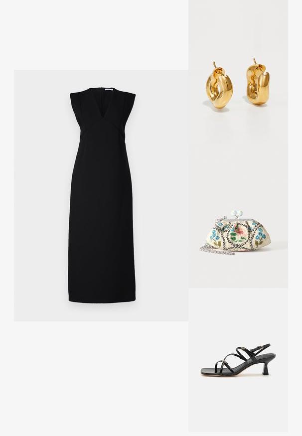 Robe noire sans manches avec un décolleté en V profond, des épaules structurées et une silhouette ajustée. Texture lisse, avec une coupe longue et droite et une fermeture éclair invisible.; Sandales à strapes en cuir verni noir avec un bout carré et un petit talon carré. Présente des accessoires en métal doré et des brides de cheville réglables.; Petit porte-monnaie en tissu à fermoir avec broderie florale en perles, cadre métallique et bandoulière chaîne argentée sur un fond uni clair.; Boucles d'oreilles créoles en or massif avec un design tubulaire légèrement tordu et des fermoirs à tige sur un fond blanc.