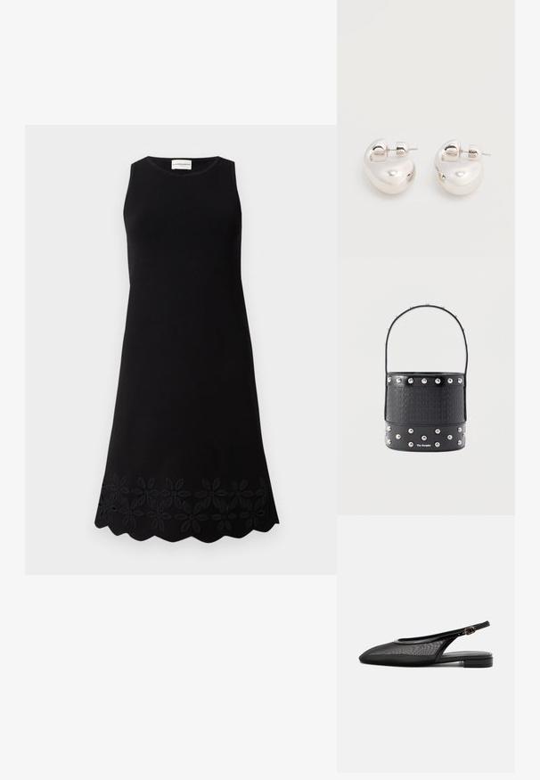 Sort ærmeløs kjole med rund halsudskæring, der har et struktureret blomster mønster langs kanten og en let A-formet silhuet.; Sort slingback flad sko med spids tå, mesh overdel, justerbar spænde rem og lav stablet hæl på hvid baggrund.; Sort spandtaske med vævet tekstur, sølvsømdekorationer og en slank hank. Har mærkning foran og en glat læderbund.; Par af skinnende sølv store øreringe med lukning på bagsiden mod en ensfarvet hvid baggrund.