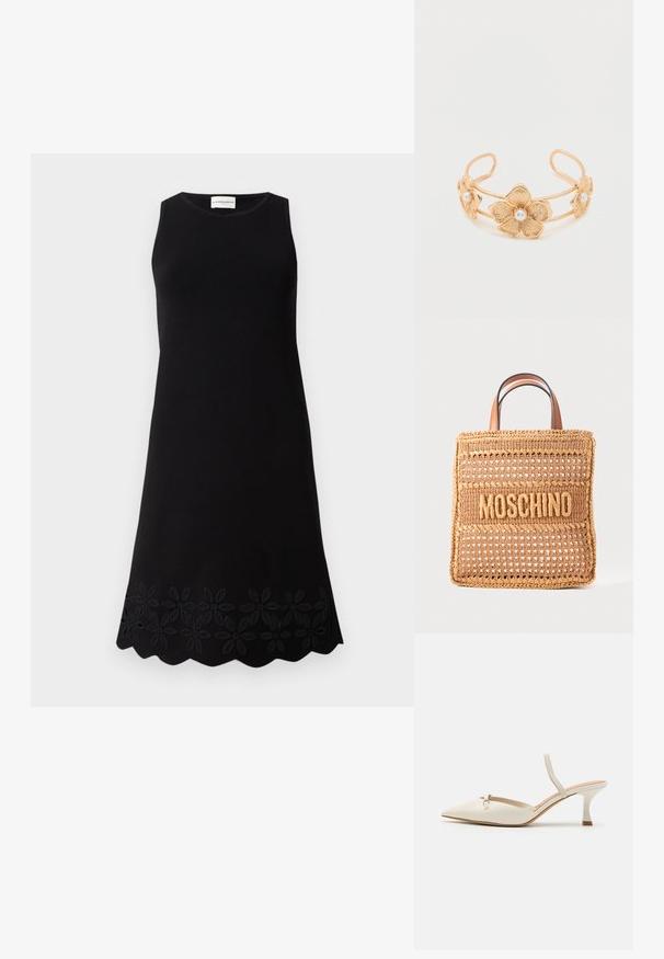Robe noire sans manches avec un col rond, présentant un motif floral texturé le long de l'ourlet et une silhouette évasée en A.; ALDO NAILAH - Escarpins - white/bone; Sac cabas carré tissé couleur fauve avec bords tressés, deux poignées en cuir et « MOSCHINO » brodé sur le devant.; Bracelet manchette en or avec trois motifs floraux texturés, chacun orné d'une perle blanche centrale, présenté sur un fond blanc uni.