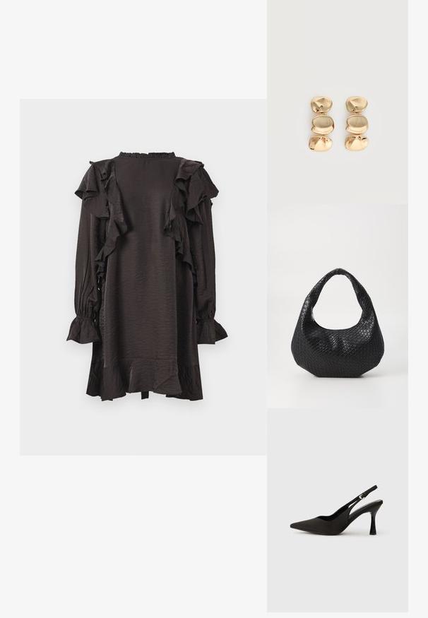 Sorte kjole lavet af skinnende stof med flæser langs skuldre og ærmer. Har en høj halsudskæring og udfoldede manchetter.; Sorte slingback hæle med spids tå, glat mat finish og en slank, blank hæl. Justerbar rem med lille spænde detaljer.; Sort flettet håndtaske med et buet håndtag, der har en struktureret overflade og en afslappet form. Glat finish med en organisk silhuet.; Øreringe i guldfarve med dråbeform og tre uregelmæssige, glatte, afrundede segmenter stablet lodret på en enkelt lys baggrund.
