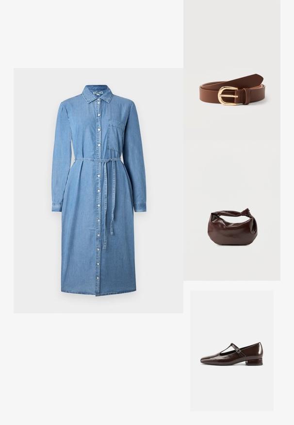 Denim shirt jurk in lichtblauw, met lange mouwen, een knoopsluiting aan de voorkant, een kraag en een ceintuur in de taille. Inclusief een borstzakdetail.; Bruine lakleren Mary Jane-schoenen met een afgeronde neus, een uitgesneden ontwerp en een verstelbare riem. Lage blokhak.; Donkerbruine leren schoudertas met een zachte, slungelige vorm en een gedraaide knoopvormige handgreep op een effen witte achtergrond.; Bruine leren riem met gouden afgeronde gesp, opgerold en liggend op een witte ondergrond.