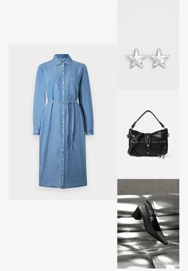 Denim skjortekjole i lyseblå, med lange ærmer, knaplukning foran, krave og bælte i taljen. Inkluderer en brystlommedetalje.; Sort slingback-hæl med spids tå, der har en tekstureret overflade og en chunky blokhæl. Lagt mod en skinnende, metallisk baggrund.; Even&Odd by Zalando H24462 - Håndtasker - black; Sølvstjernede øreringe med en poleret, blank overflade. Hver ørering har fem spidser og subtile teksturdetaljer på overfladen.