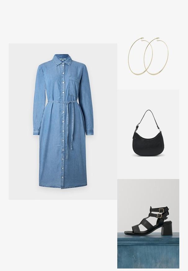 Jeanshemdkleid in Himmelblau, mit langen Ärmeln, durchgehender Knopfleiste, Kragen und Taillengürtel. Enthält ein Detail mit einer Brusttasche.; Schwarze Sandalen mit Absatz, die glatte Lederriemen und ein quadratisches Zehendesign aufweisen. Doppelte goldene Schnallen akzentuieren die Knöchelriemen.; Schwarze Hobo-Tasche aus glattem Leder mit einer geschwungenen Silhouette, ausgestattet mit einem einzelnen verstellbaren Trageriemen und minimalistischem Design.; Pilgrim Ohrringe - gold-coloured