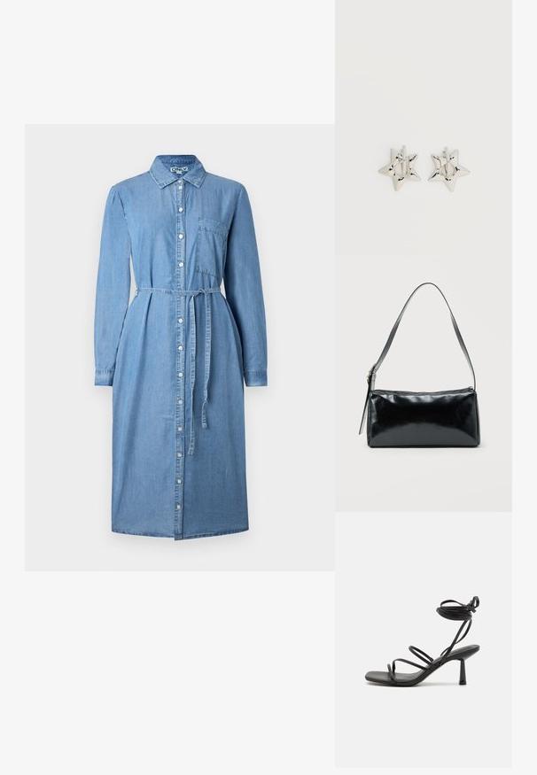 Denim skjortekjole i lyseblå, med lange ærmer, knaplukning foran, krave og bælte i taljen. Inkluderer en brystlommedetalje.; Sort strappy sandal med firkantet tå, justerbare ankelbind og en slank, blokhæl. Fremstillet af et glat, holdbart materiale.; Sort rektangulær skuldertaske med en enkelt justerbar rem og lynlås i toppen på en ensfarvet baggrund.; Sølv stjerneformede øreringe med en glat, poleret finish på en ensfarvet hvid baggrund.