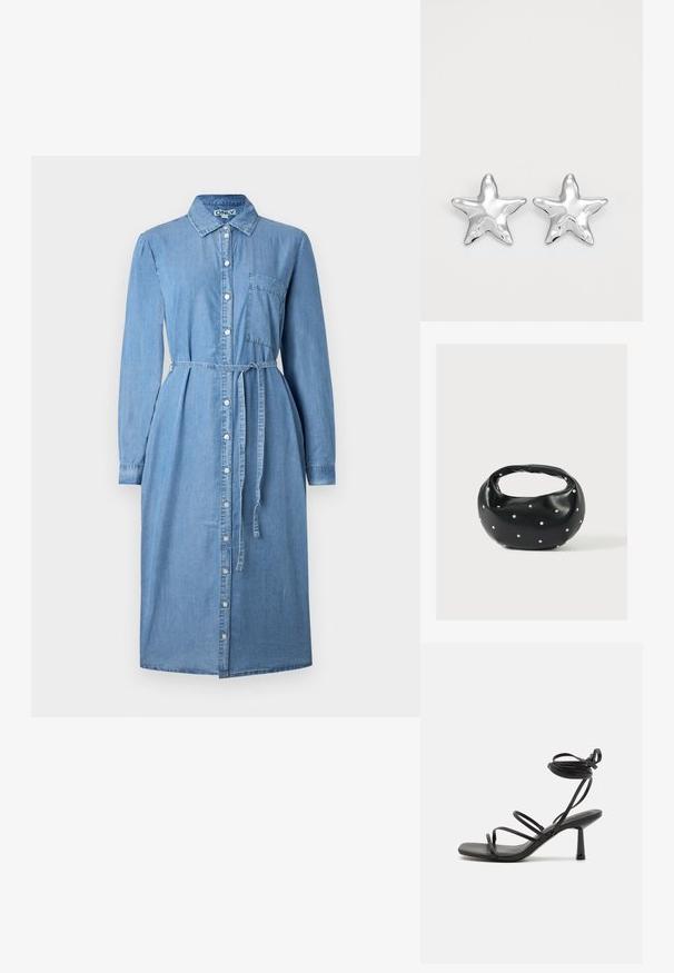 Denim shirt jurk in lichtblauw, met lange mouwen, een knoopsluiting aan de voorkant, een kraag en een ceintuur in de taille. Inclusief een borstzakdetail.; Zwarte bandjes sandaal met een vierkante neus, verstelbare enkelbandjes en een slanke blokhak. Gemaakt van een glad, duurzaam materiaal.; Zwarte leren handtas met een afgeronde vorm, versierd met zilveren studs, en een korte handgreep. Gladde textuur en ritsluiting.; Zilveren stervormige oorbellen met een gepolijste, glanzende afwerking. Elke oorbel heeft vijf punten en subtiele textuurdetails op het oppervlak.