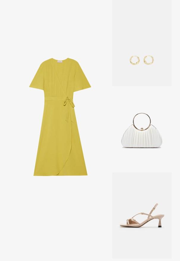Robe portefeuille jaune à manches courtes, ceinture à nouer à la taille et ourlet fluide. Fabriquée en tissu doux et texturé.; Call it Spring DIANAH - Sandales - other beige; Sac à main plissé blanc avec une poignée circulaire en or, doté d'un tissu doux et d'une forme arrondie. Design élégant avec une finition texturée.; Boucles d'oreilles en or en forme de créole avec une surface texturée et irrégulière. Présentent un design léger et une forme circulaire, adaptées à un port quotidien.