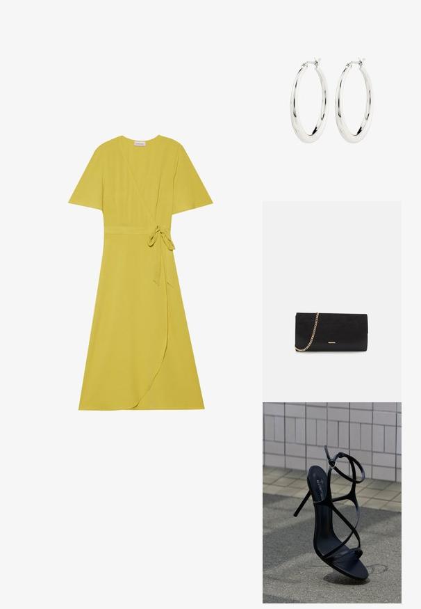 Robe portefeuille jaune à manches courtes, ceinture à nouer à la taille et ourlet fluide. Fabriquée en tissu doux et texturé.; Sandale noire à talon haut avec fines lanières et boucle à la cheville, positionnée debout sur un trottoir gris près d'un mur carrelé en arrière-plan.; Porte-monnaie noir en daim avec une finition texturée, doté d'une chaîne dorée et d'un design épuré et angulaire.; Boucles d'oreilles créoles en argent avec une finition lisse et brillante. Forme circulaire, dotée d'un fermoir sécurisé. Design simple et élégant.