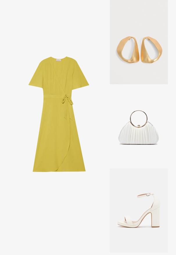 Gul omslagskjole med korte ærmer, bælte i taljen og svajende nederdel. Lavet af et blødt, tekstureret stof.; Hvide højhælede sandaler med ankelrem, minimalistisk design, åben tå, blokhæl og glat lædertekstur.; Hvid plisseret håndtaske med et cirkulært guldhåndtag, der har blødt stof og en rund form. Elegant design med en tekstureret overflade.; Par af uregelmæssige, asymmetriske gyldne hoop-øreringe med en glat, mat finish på en neutral baggrund.